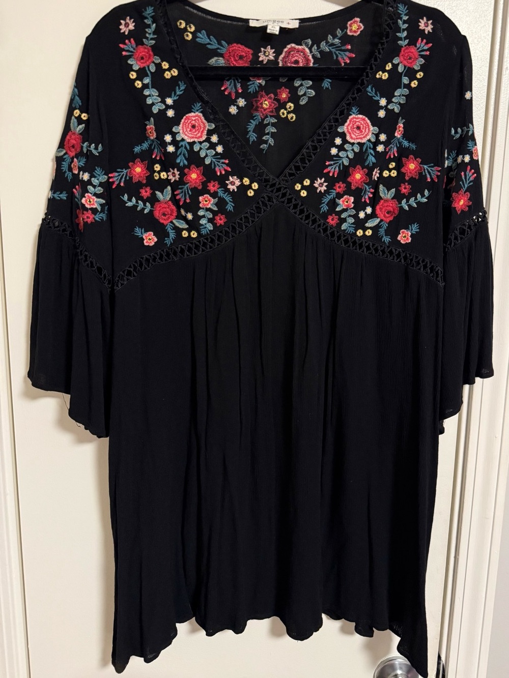 umgee Black Floral Embroidered Boho Dress Womens XL